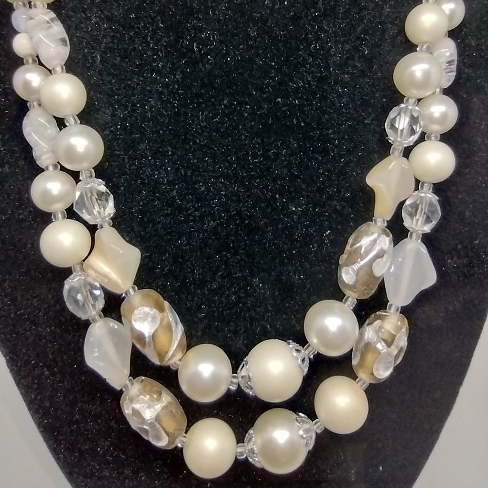 Vintage Multi Glass and Pearl 30" Necklace in White, Cream, Taupe and Silver